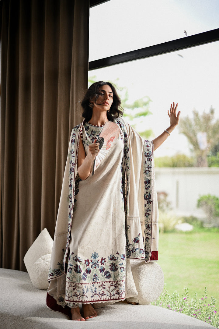 ZAIB - IVORY LUXURY EMBROIDERED KARANDI SET (NEL-25626)