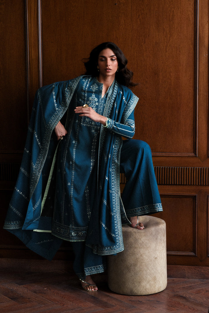 ZAIB - TEAL BLUE LUXURY EMBROIDERED KARANDI SET (NEL-25625)