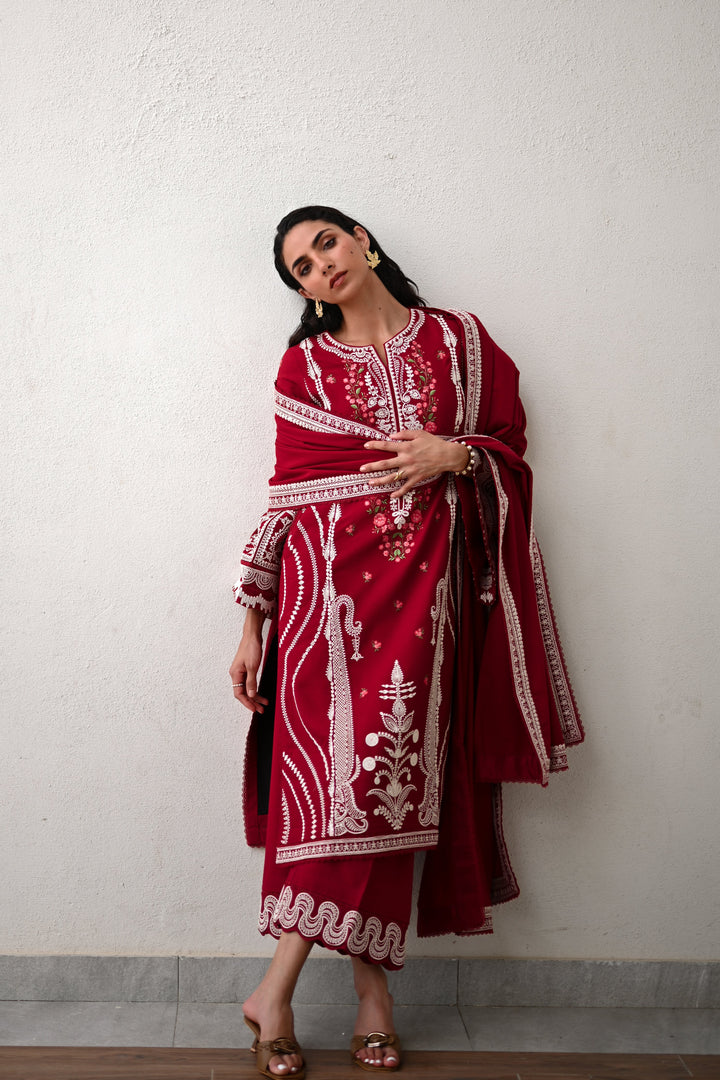 ZAIB - DORI DEEP RED LUXURY EMBROIDERED KARANDI SET (NEL-25629)