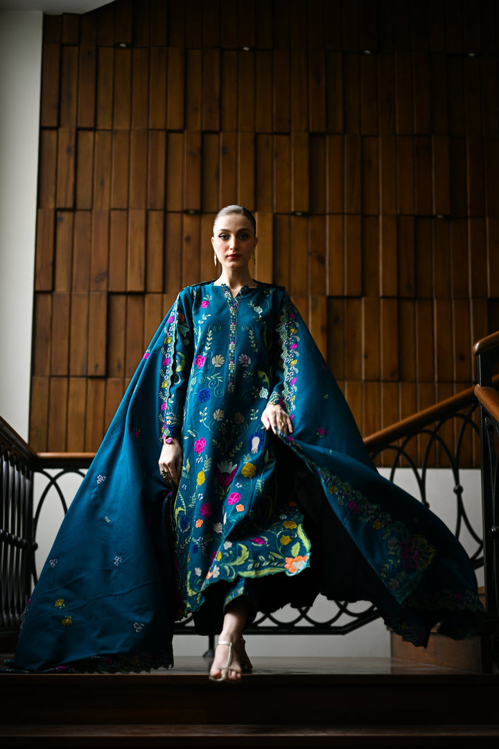 ZAIB - ZINC GREEN LASER CUTWORK LUXURY EMBROIDERED KARANDI SET (NEL-25637)