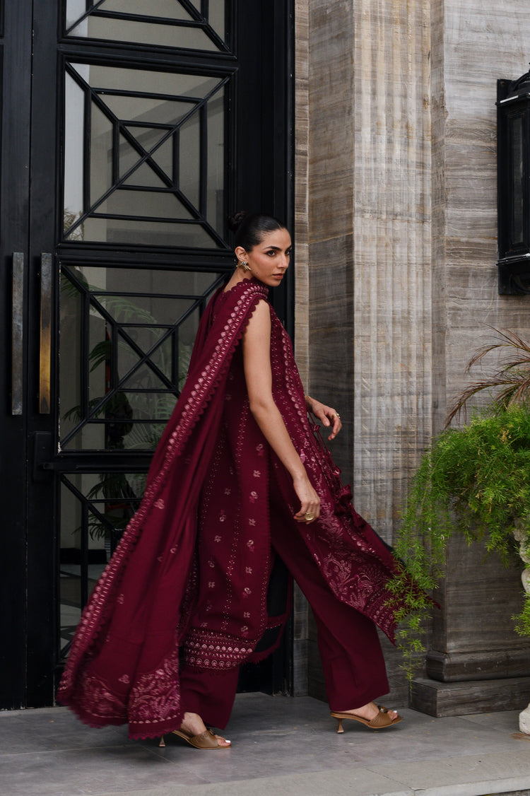 ZAIB - BURGUNDY LUXURY EMBROIDERED KARANDI SET (NEL-25630)