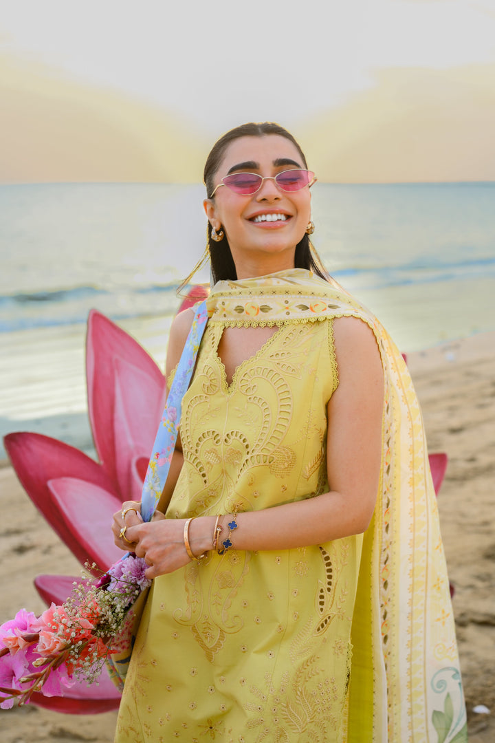 ZAIB - PASTEL LIME YELLOW LUXURY EMBROIDERED LUXURY LAWN SET (NEL-26607)